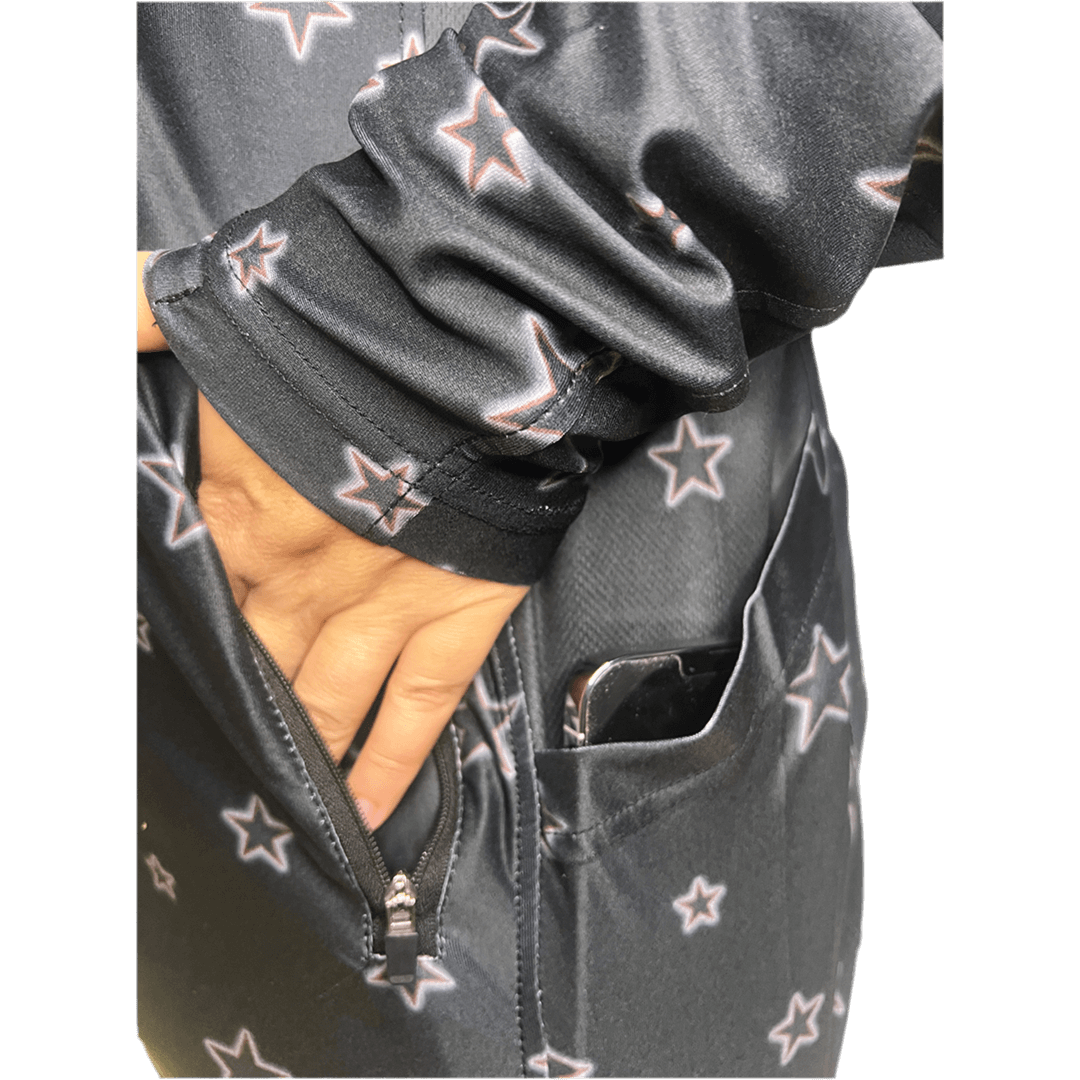 Close-Up: Starfall Jacket – Detailed shot of the zippered pocket and thumbhole cuffs for extra functionality and stylish comfort