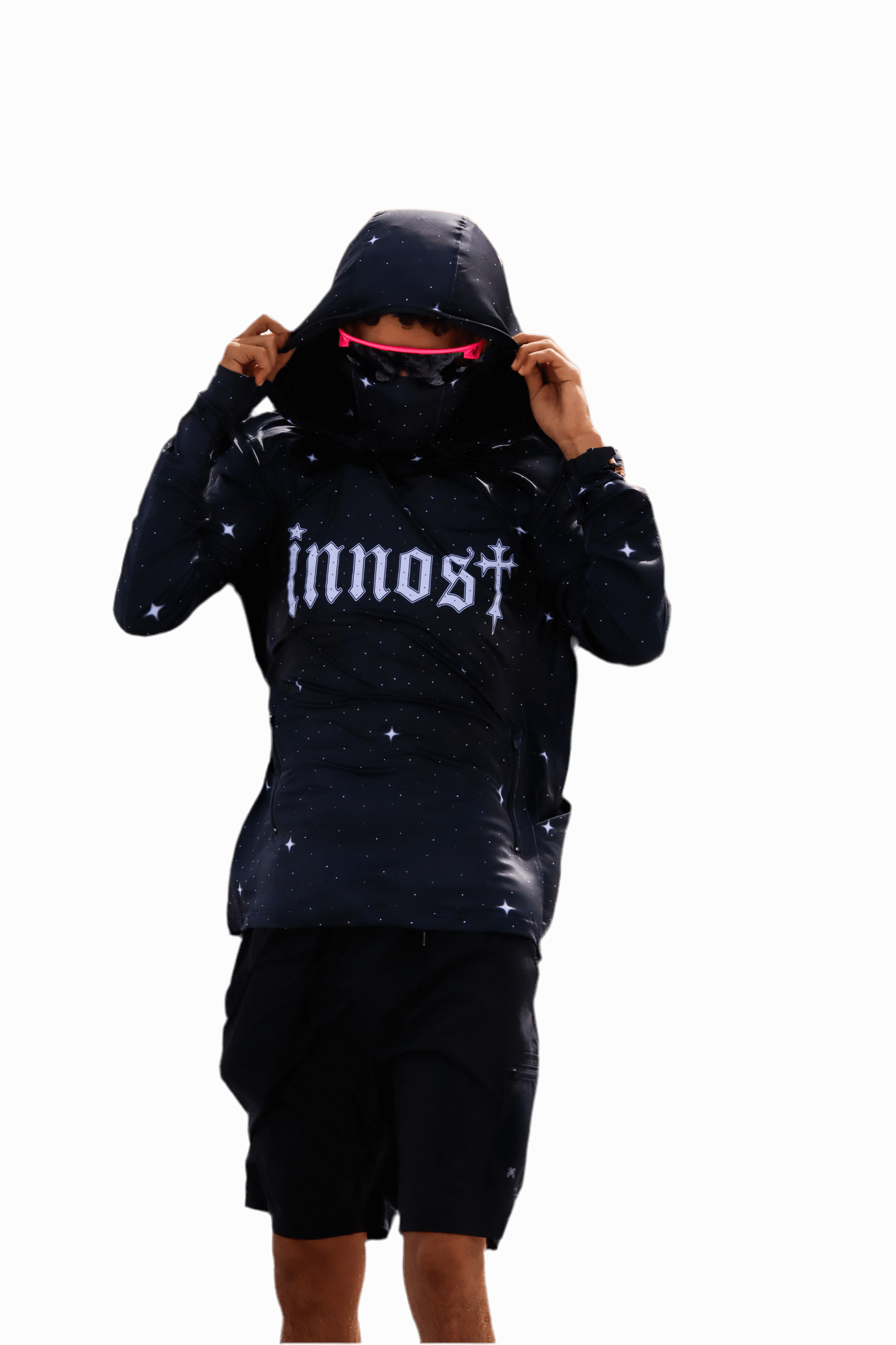 Model wearing Moon Dust hoodie – antibacterial fabric, thumbhole sleeves, and ergonomic fit.