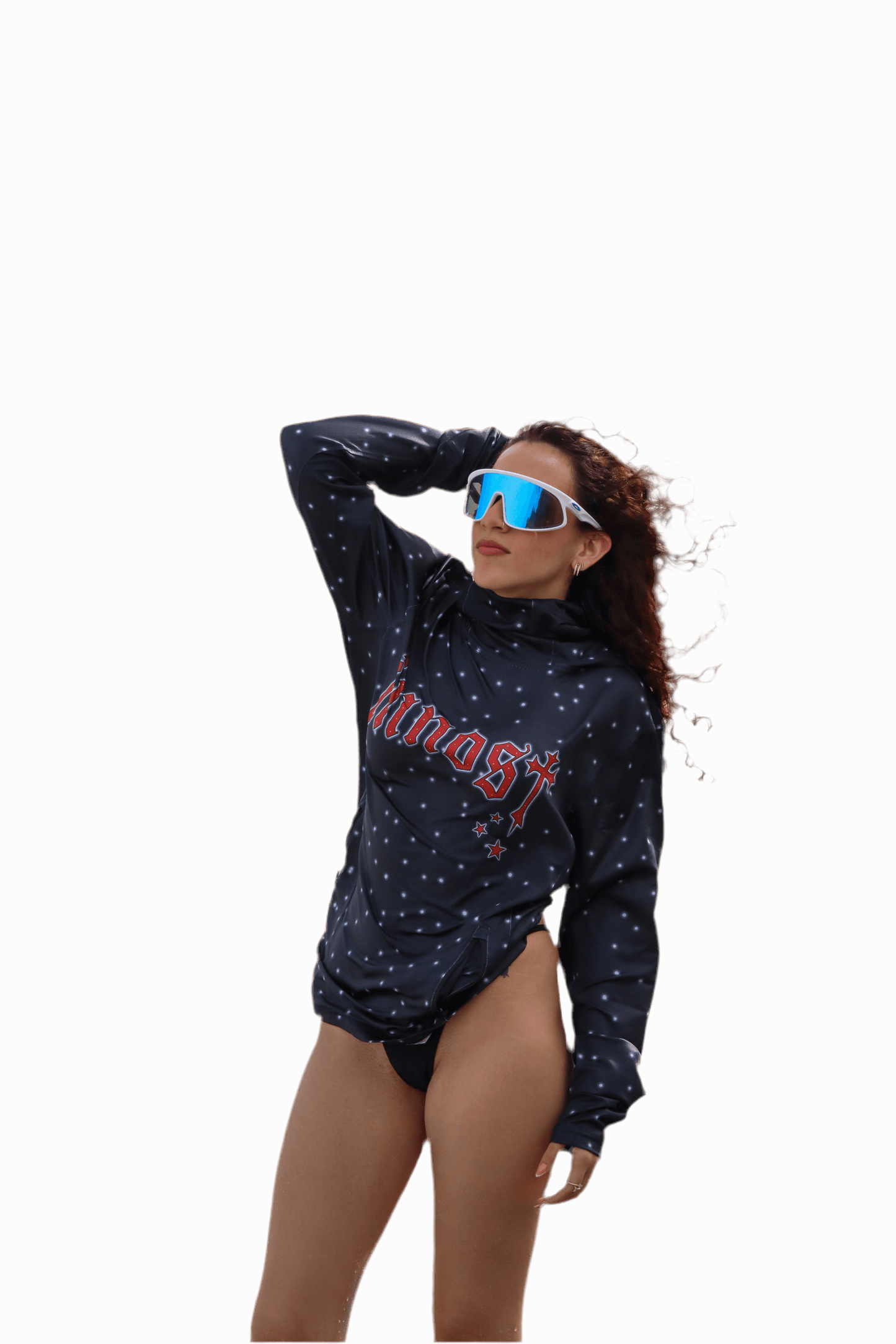Model wearing Summer Galaxi Moon Dust hoodie – unisex design, UPF 50+, lightweight and quick-drying fabric.