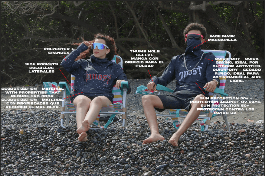 Couple wearing Summer Galaxi Moon Dust hoodies – UPF 50+, breathable, antibacterial, and ideal for outdoor activities.