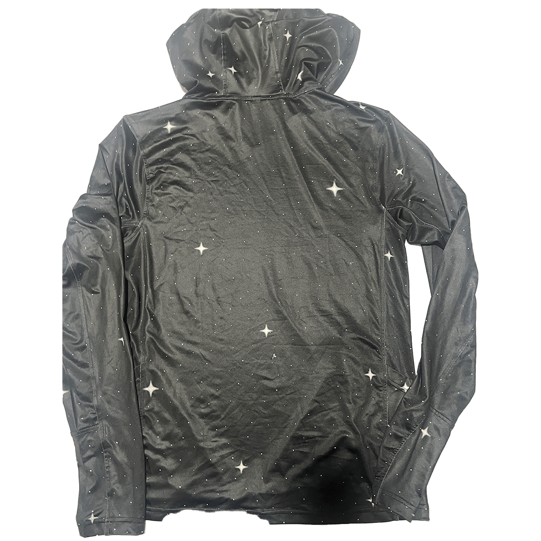Back view of Moon Dust hoodie showing adjustable hood, star pattern, and premium stitching.