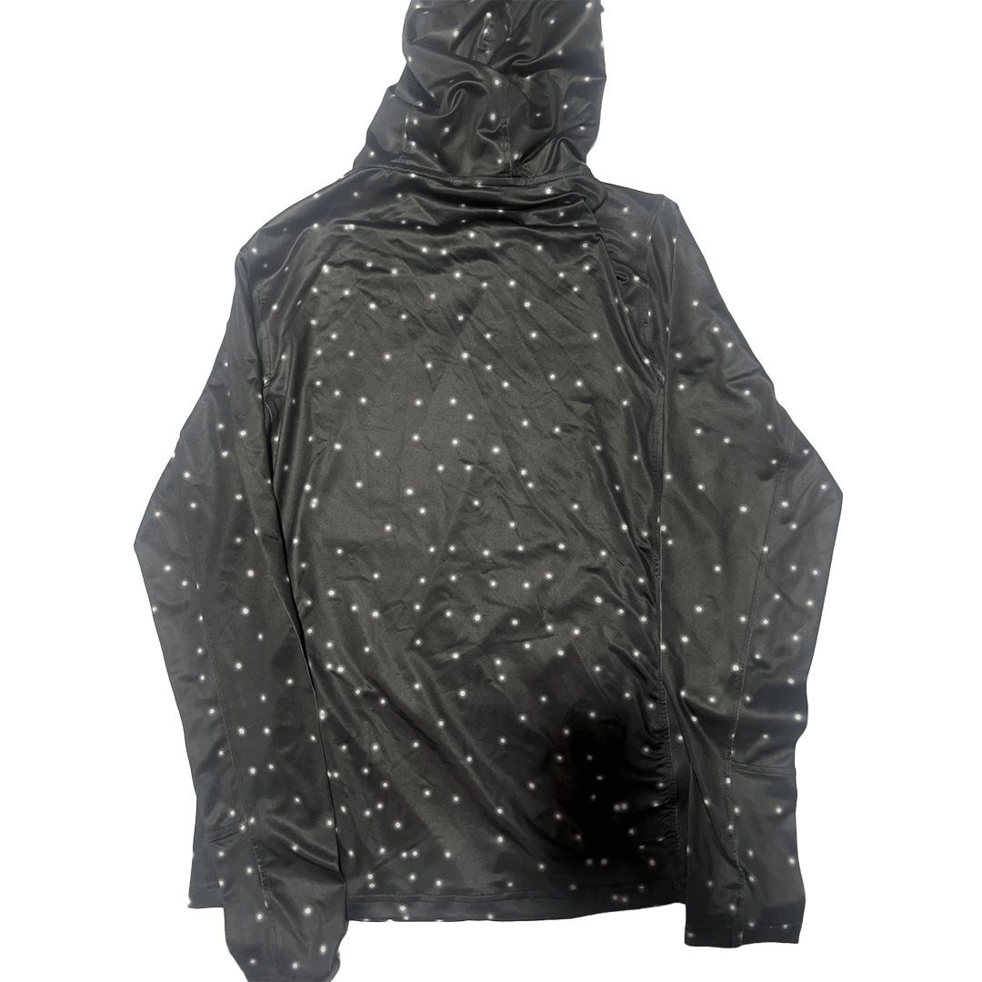 Close-up of Moon Dust hoodie showing premium polyester-spandex blend, zipper pockets, and thumbhole sleeves.