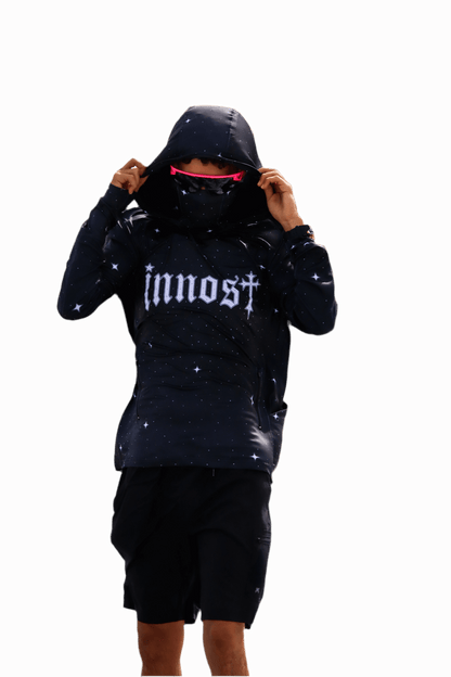 Model wearing Moon Dust hoodie – antibacterial fabric, thumbhole sleeves, and ergonomic fit.