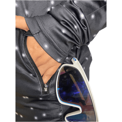 Detail view of zippered side pockets and ergonomic design for comfort and functionality.