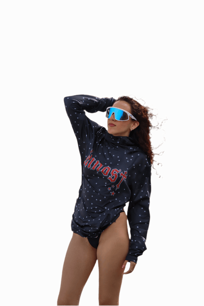 Model wearing Summer Galaxi Moon Dust hoodie – unisex design, UPF 50+, lightweight and quick-drying fabric.
