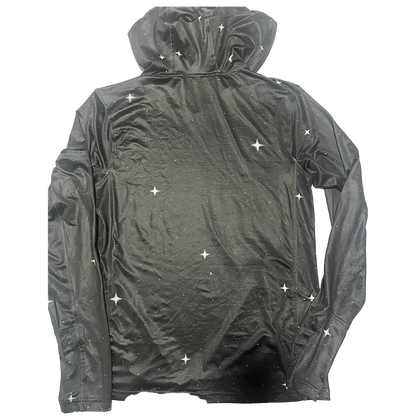 Back view of Moon Dust hoodie showing adjustable hood, star pattern, and premium stitching.