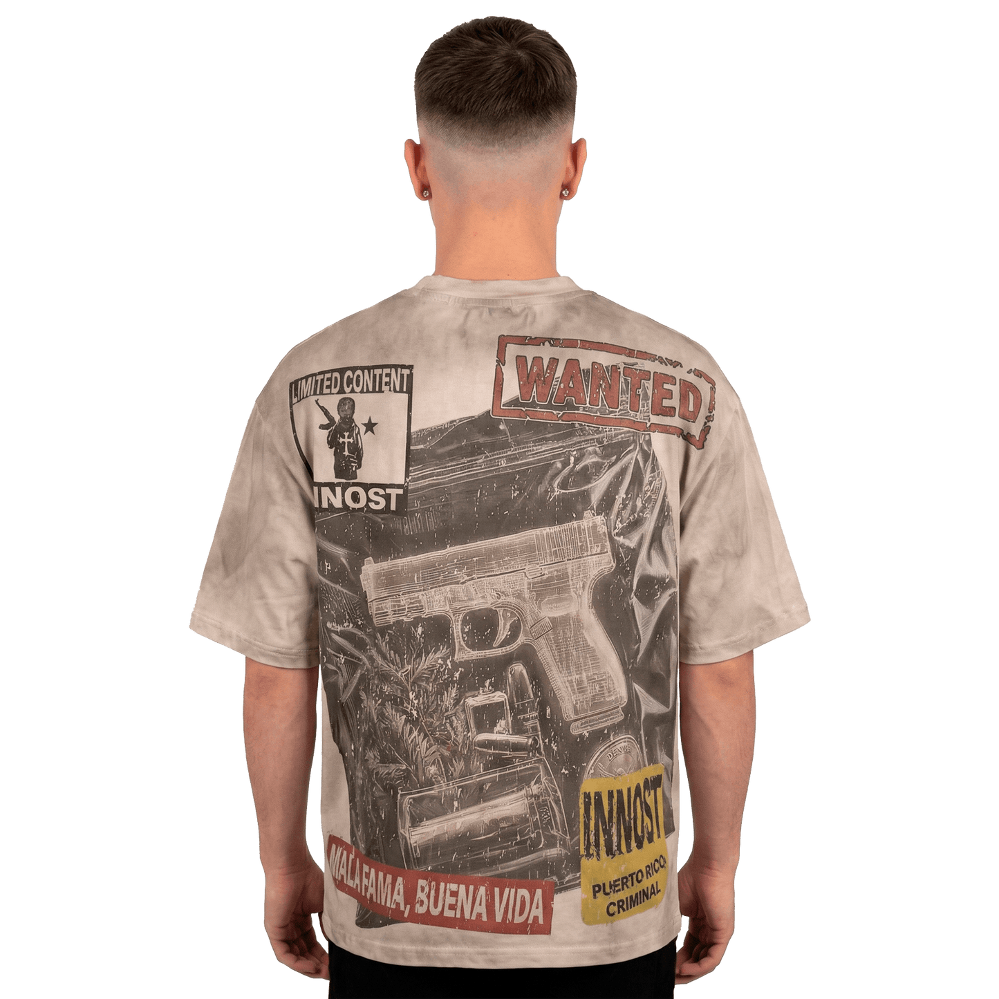 Model wearing Wanted shirt back design