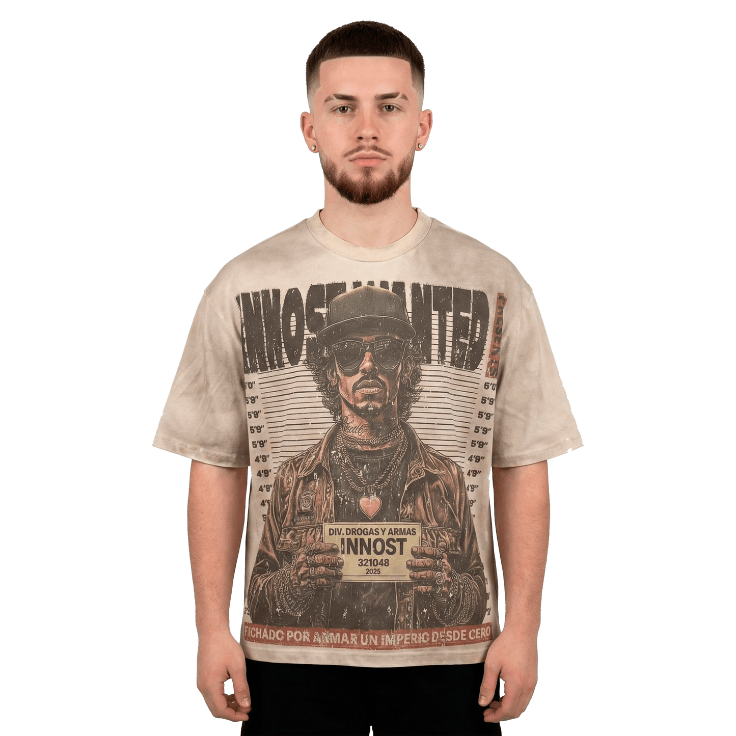 Model wearing Wanted shirt front design