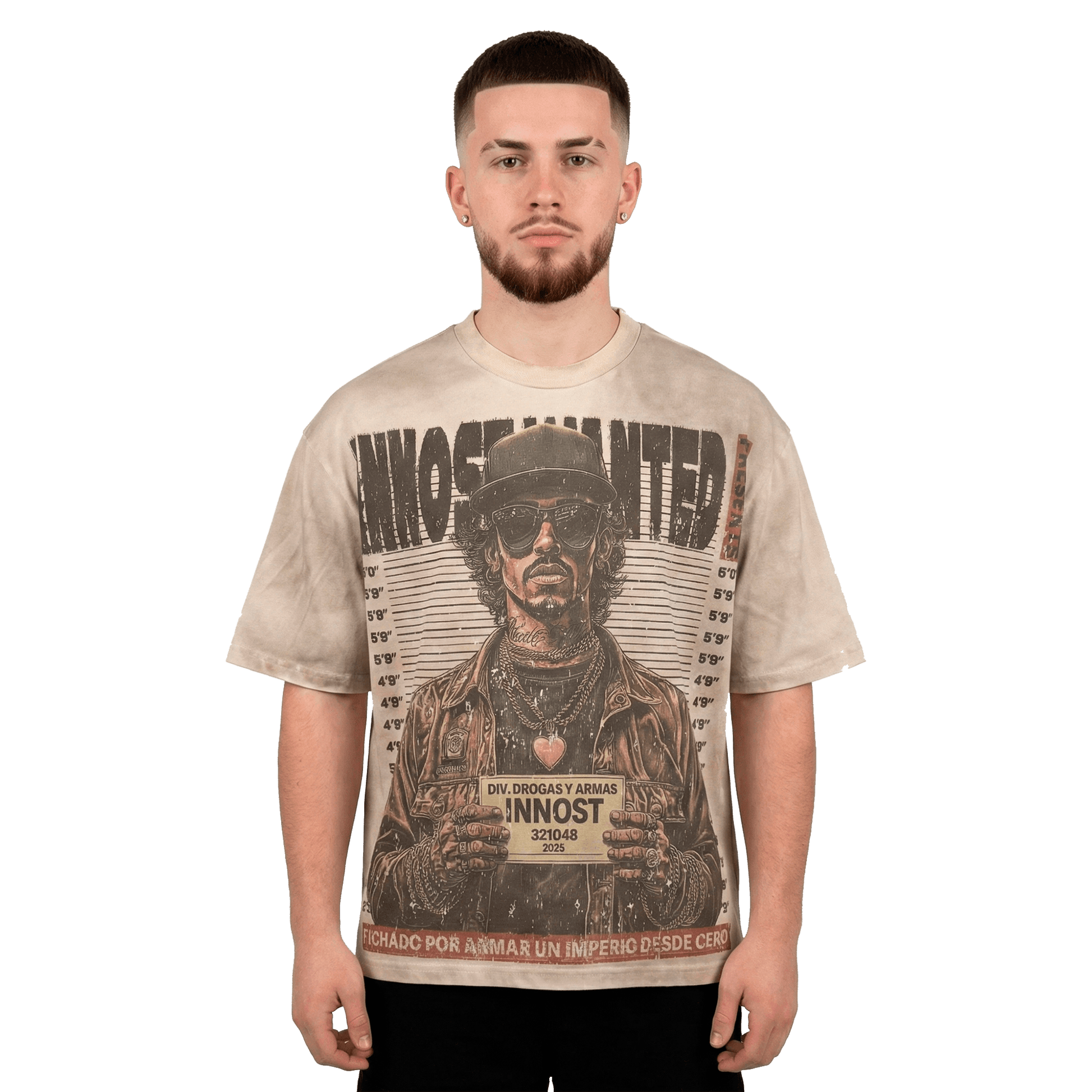 Model wearing Wanted shirt front design
