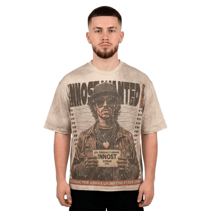 Model wearing Wanted shirt front design