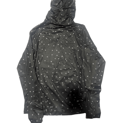 Close-up of Moon Dust hoodie showing premium polyester-spandex blend, zipper pockets, and thumbhole sleeves.